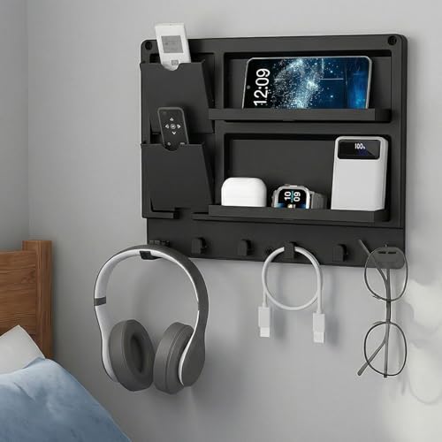 Lifewit Plastic Bedside Wall Shelf, Adhesive Floating Shelves Dorm Decor | Bedroom Essentials for Key, Remote Control, Glasses, Phone, Earbuds Storage, College, RV, Bunk Bed Wall Organizer - color: Black