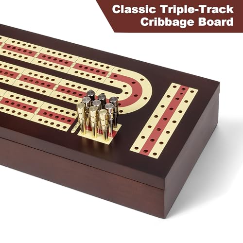 ESENHARBER Cribbage Board Game Set, Premium Wooden Board with Magnetic Lock and Metal Pegs, 2 Playing Cards, and Large Storage - Travel-Friendly Continuous 3 Track Board - style: Classic