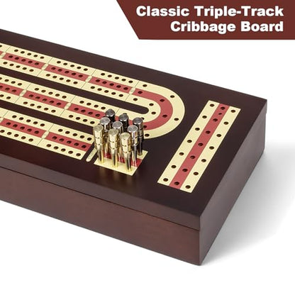 ESENHARBER Cribbage Board Game Set, Premium Wooden Board with Magnetic Lock and Metal Pegs, 2 Playing Cards, and Large Storage - Travel-Friendly Continuous 3 Track Board - style: Classic