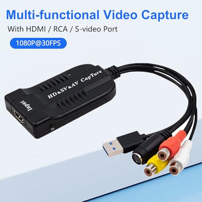 Wiistar USB Video Capture Card HDMI/AV/RCA/S-Video to USB2.0 Video Capture | up to 1080P30fsp Hi8, VCR, VHS to Digital Converter for Camcorder DVD PS4 Live Streaming Compatible with Mac Windows