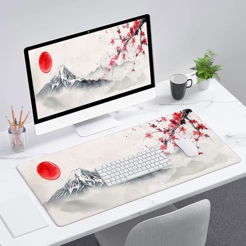 Japanese Cherry Blossom Desk Mat - Extended Gaming Mouse Pad with Stitched Edge Non-Slip Base - 31.5"x11.8" Office Computer Keyboard Laptop Home - color: Japanese Cherry Blossom_012, size: 11.8" x 31.5"