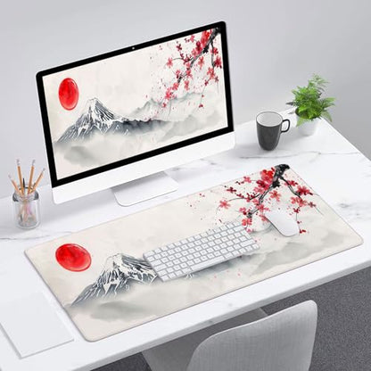 Japanese Cherry Blossom Desk Mat - Extended Gaming Mouse Pad with Stitched Edge Non-Slip Base - 31.5"x11.8" Office Computer Keyboard Laptop Home - color: Japanese Cherry Blossom_012, size: 11.8" x 31.5"