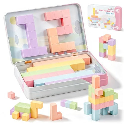 52 PCS Magnetic Blocks with Metal Box, 0.8in Mini Building Cubes Travel Set | Magnetic Building Blocks Toddler Travel Essentials Toys, STEM Educational Magnet Building Sensory Toys for Boys Girls Gifts - color: Pink