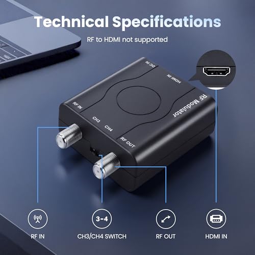[Upgrade]kurtmark HDMI to RF Modulator with 1.2M HDMI Cable & Power Adapter | Plug and Play Coax RF Converter for TV, 1080P PLL Control NTSC Output CH3/CH4 RF Converter for Antenna TVs and Game Consoles
