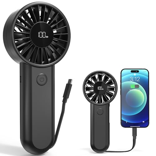 AMACOOL Handheld Fan Rechargeable, Built-in Type-C Cable, 5-Speed Personal Fan with LED Display, Max 12H Runtime, Portable Fans for Travel Outdoor Cruise Makeup, Gifts for Women Stylish Girl (Black) - color: Black