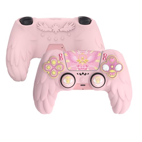 PlayVital Magic Wings Protective Silicone Cover Skin for ps5 Controller – Soft Anti-Slip Grip Protector Case for ps5 Controller with Thumbstick Caps & Stickers, Charging Station Compatible - Pink - color: Pink