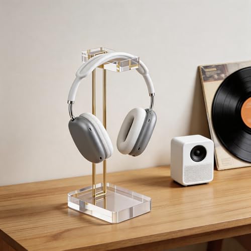 Acrylic Headphone Stand for Desk, Crystal Clear Headset Holder with Gold Metal Accent, Stable Non-Slip Base, Universal Gaming Headphone Hanger for PC Setup, Office & Home Desk Accessories - color: Gold