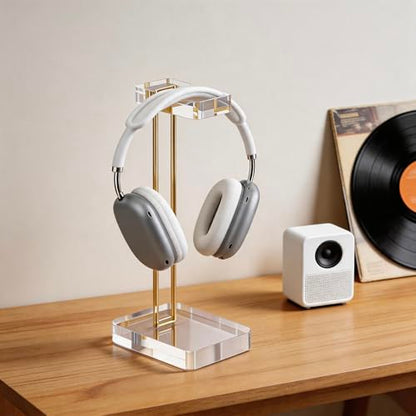 Acrylic Headphone Stand for Desk, Crystal Clear Headset Holder with Gold Metal Accent, Stable Non-Slip Base, Universal Gaming Headphone Hanger for PC Setup, Office & Home Desk Accessories - color: Gold