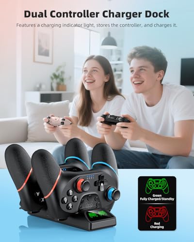Switch 2 Pro Controller Accessories Bundle for Nintendo Switch 2 (2025), MENEEA 21-in-1 Kits: Wireless Controllers,Carrying Case,Controller Charger Dock,Grips for Joy Con,Steering Wheels for Mario Kart,Protective Cover for Switch 2 (2* Black Controllers)