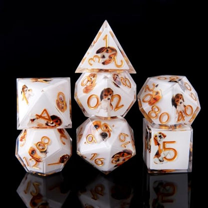 Sharp Edge DND Dice Set Cute Beagle Dog Handmade 7 Accessories Dice for Dungeons and Dragons TTRPG Games, Multi-Sided RPG Polyhedral Resin Sharp Edge Dice Roleplaying Games（Beagle Dog ） - color: Dog