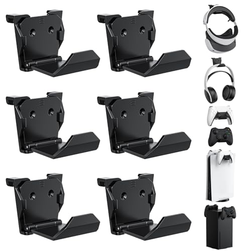 KUNSLUCK 6 Pack Controller Wall Mount – Universal Game Controller Holder for PS5, Xbox, Switch – Adhesive or Screw Installation – Headset & Controller Storage Hook (Black) - color: Black, size: 6 Pack