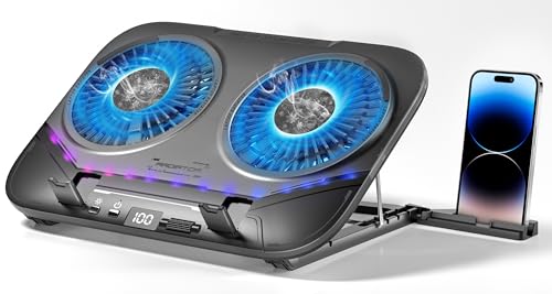 Dual-Core TEC Laptop Cooling Pad with Dual Stepless-Quiet Fans, 5-Height Adjustable Laptop Cooling Stand, 10-Level RGB for 13-17 Inch Laptops, Includes 15W Charger, Smoky Black