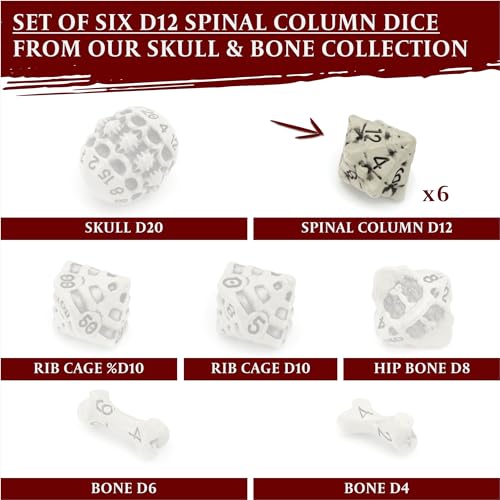 D12 Dice Set - Set of Six 12 Sided Dice - Skull & Bone Themed RPG Dice. Cool & Unique Gift and Compatible with Dungeons & Dragons (DND), D&D, Pathfinder, D and D. (Cleaned Bone White) - color: Cleaned Bone White, style: Six D12