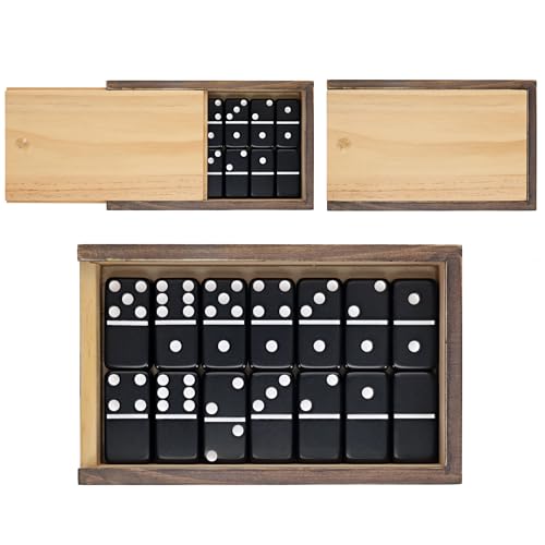 WE Games Double 6 Black Dominoes Set in Wooden Storage Case with Sliding Lid, Travel-Sized Domino Game for Adults