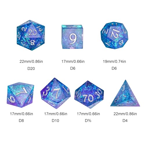 7PCS DND Dice Set,Handmade Sharp Edge Dice Set D&D RPG Polyhedral Die,for Dungeons and Dragons TTRPG Games Roleplaying Games Pathfinder,with Gift Box(Purple and Blue) - color: Purple and Blue
