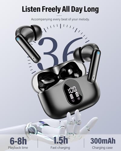Wireless Earbuds, Bluetooth 5.4 Headphones Bass Stereo/Clear Calls, Black | Ear Buds with Noise Cancelling Mic LED Display in Ear Earphones IP7 Waterproof 36H Bluetooth Earbuds for Phones/Sport/Laptop - color: Black