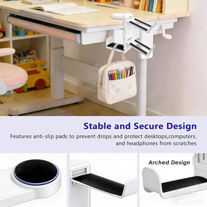 3-in-1 Gaming Headset Stand with Controller Holders Clamp-on Under Desk Rotating Headphone Hanger Adjustable PC Desk Headphone Holder with Cable Organizer - color: white