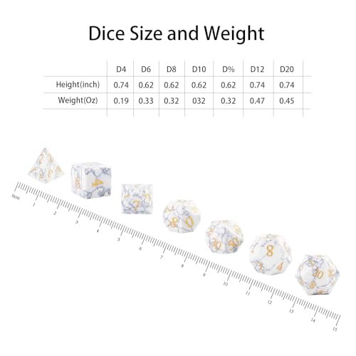 Synthetic Turquoise Marble Dice Set, 7-Piece Polyhedral Dice for Dungeons & Dragons (D&D), Pathfinder, MTG, Tabletop RPG Gaming, Natural Texture Dice with Gold Numbering (White) - color: White