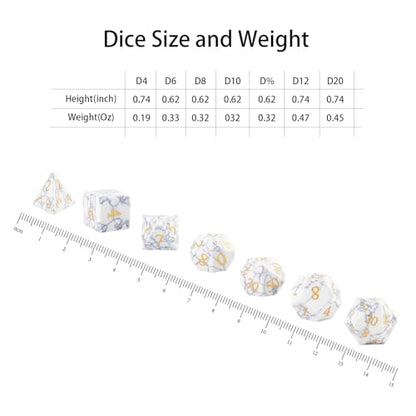 Synthetic Turquoise Marble Dice Set, 7-Piece Polyhedral Dice for Dungeons & Dragons (D&D), Pathfinder, MTG, Tabletop RPG Gaming, Natural Texture Dice with Gold Numbering (White) - color: White