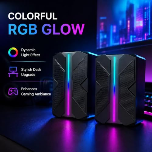 USB Computer Speakers with RGB Light, Compact Stereo Desktop Audio | Clear stereo sound with enhanced bass feel for music, movies, videos, meetings, and casual gaming.
