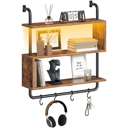 HOOBRO Floating Shelves with LED Lights, 29.5" LED Wall Mounted Gaming Shelf, 3-Tier Pipe Display Rack with Hanging Rod and 4 S-Hooks, for Storage Livingroom, Bedroom, Rustic Brown and Black BF21DBJ01 - color: Rustic Brown + Black
