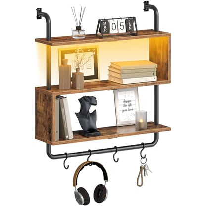 HOOBRO Floating Shelves with LED Lights, 29.5" LED Wall Mounted Gaming Shelf, 3-Tier Pipe Display Rack with Hanging Rod and 4 S-Hooks, for Storage Livingroom, Bedroom, Rustic Brown and Black BF21DBJ01 - color: Rustic Brown + Black