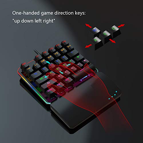 One Handed Mechanical Gaming Keyboard, RGB LED Backlit Half Keyboard Multimedia Function Key Portable Mini Single Gamer Keypad with Wrist Rest for PC/Laptop
