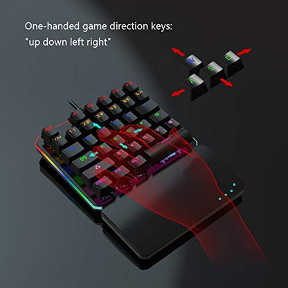 One Handed Mechanical Gaming Keyboard, RGB LED Backlit Half Keyboard Multimedia Function Key Portable Mini Single Gamer Keypad with Wrist Rest for PC/Laptop