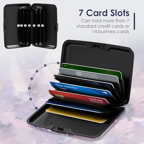 Mini Credit Card Holder for Women Men, RFID Blocking Slim Metal Card Case ID Case Business Travel Hard Wallet, Purple Flowers Moon - color: Purple Flowers Moon