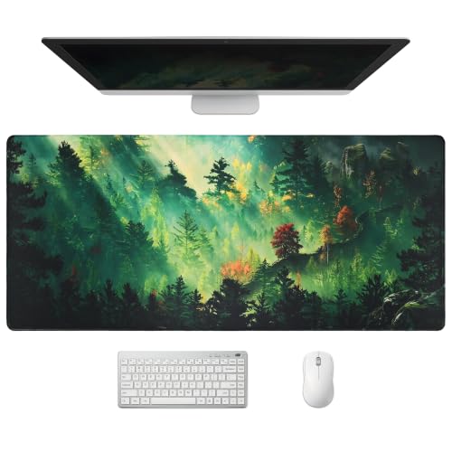 Extended Mystic Forest Desk Mat, XXL Large Gaming Mouse Pad, Green Landscape Stitched Edges Waterproof with Non-Slip Rubber Base for Computer Keyboard Laptop Work Home Office 35.4"x15.7" - color: Green Forest, size: 35.4" x 15.7"