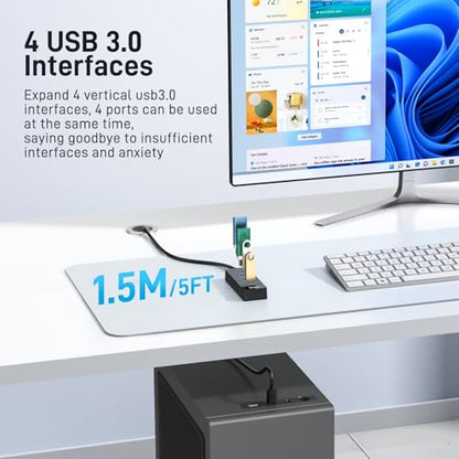 4 Port USB 3.0 Hub 5FT Long Cable, USB Extension Data Cable USB Dock Extender for Desktop PC Laptop, 5Gbps with 5V USB-C Power Supply - size: 5 FT