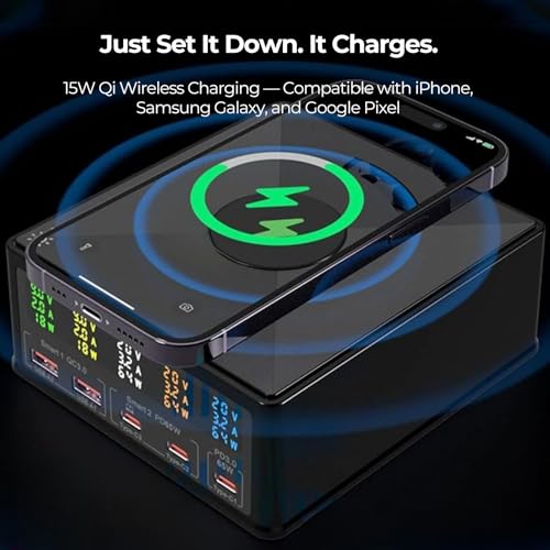 160W Desktop Charger Station with Wireless Charging Pad & Per-Port Display | Powers Multiple Devices at Once: PD 3.0 65W USB-C for MacBook, QC 3.0 for Phones, 15W Qi for iPhone, Pixel, Samsung, iPad