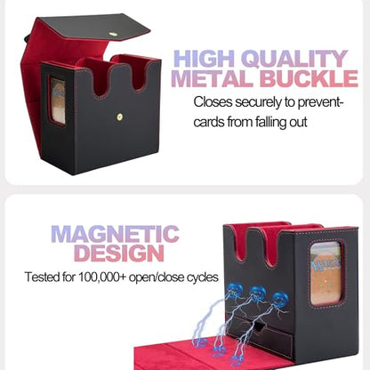 MTG Commander Deck Box, Trading Card Storage Box with Handle & Dice Tray Holds to 230+ Double Sleeved Cards, Durable Button Design Double Deck Box Suitable for CCG/TCG/Sports Cards (Black&Red)