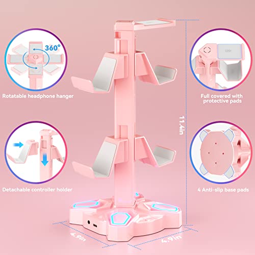 KDD Headphone Stand with Light Modes - Rotatable Pink Game Headset Holder with 3.5mm AUX & 2 USB Port - Suitable for PC Desk Accessories Gamers Gift(Pink) - color: Pink