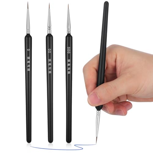 NUOBESTY Detail Paint Brushes for Acrylic Painting, 3Pcs Micro Miniature Brush Set Fine Tip Brushes for Model Miniatures, Hobby Figures, Watercolor Gouache, Crafts, Nail Art (Size 000/00/0)