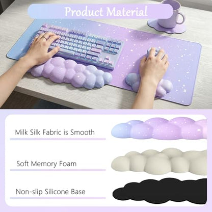 Cloud Mouse Pad Keyboard Wrist Rest 4PCS Extended Large Galaxy Stars Desk Mat Pad Set Memory Foam Non-Slip Cute Ergonomic Gaming Mouse Pad Wrist Support for Computer Home Office Purple Blue - color: 4pcs Purple Blue