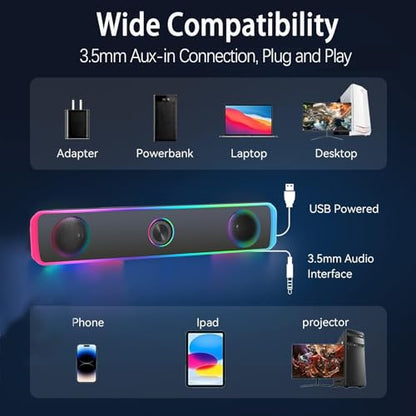 PC Speakers, Computer Speakers for Desktop with LED Dynamic Light, HiFi Stereo Sound Soundbar for Desktop Laptop Monitor, 3.5mm Aux Input & USB Powered