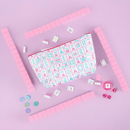 160 Pink American Printed Mahjong Game Set with Carrying Bag and Accessories, 1.2’’ Mahjong Tile Set - style: 2-Pink