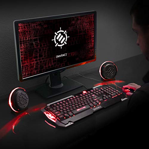 ENHANCE SL2 USB Gaming Speakers for PC with LED Red Light, 3.5mm Wired Connection and in-Line Volume Control, 2.0 Stereo Sound System - USB Computer Speakers for Monitor, Laptop, PC - color: Red