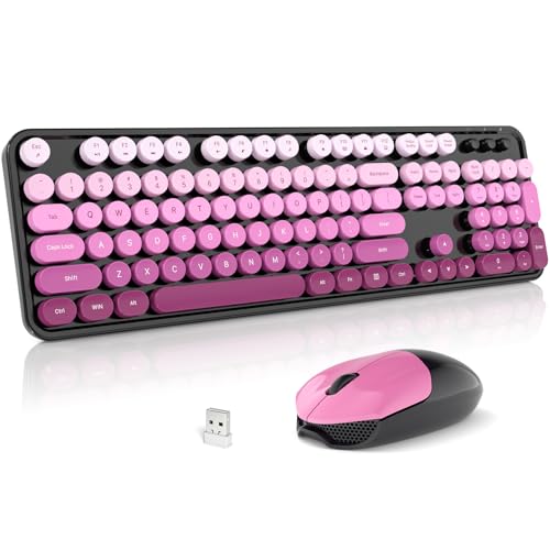 Wireless Keyboard and Mouse Combo, 2.4GHz Gradient Colorful Full-Size Retro Typewriter Keyboard with Wireless Mouse for PC/Desktop/Laptop/Windows (Black Pink) - color: Black Pink