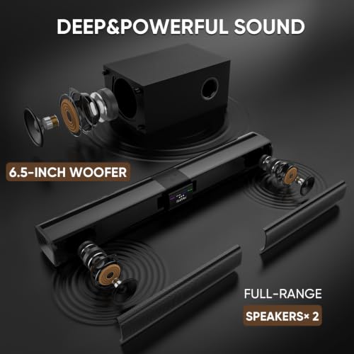 Saiyin Detachable Sound Bar with 6.5" Subwoofer, 10-Level Adjustable Bass | 24.1" Soundbar, 2.1Ch 100W Surround Sound System for TV, TV Soundbar with Optical, TV-ARC, Auxiliary and Bluetooth 5.3 Inputs - size: 24.1 inches