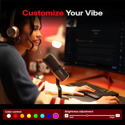 MAONO PD100W Wireless USB Dynamic Microphone, Gaming PC Mic with One-Click Noise Reduction,Mute Button,Custom RGB,3.5mm Headphone Jack,Software,Podcast Streaming Mic (Boom Arm(USB-C Receiver), Black) - color: Black