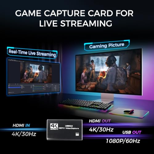 4K HDMI Capture Card for Streaming & Gaming, USB 3.0 Audio Video Capture Device 1080P 60FPS, Low Latency, HDMI Loop Out, Capture Card for PS5, Xbox, Nintendo Switch, PC, Mac, OBS - MSP231 - color: Black-4k YUY2