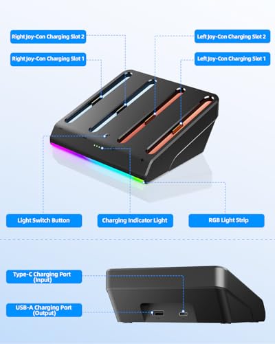 Magnetic Charging Dock for Nintend0 Switch 2 Joycon, Fast Charger Station | 4-in-1 Magnetic Charging: Simultaneously charge 4 Switch 2 Joycons with magnetic snap-on design for easy placement