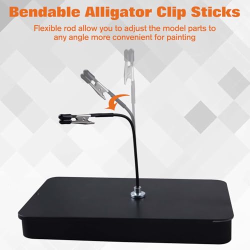 Metal Painting Stand Base Holder and 12pcs Magnetic Bendable Alligator Clip Sticks and 15 Pieces Clean Brush Set Modeling Tools for Airbrush Spray,Gundam Hobby Model Parts Assemble