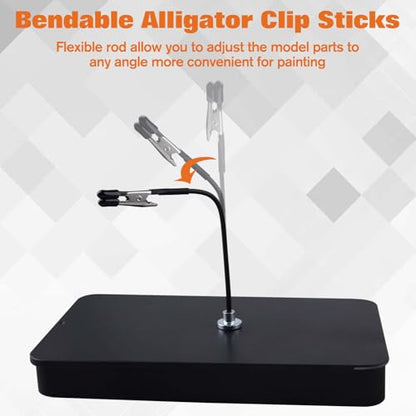 Metal Painting Stand Base Holder and 12pcs Magnetic Bendable Alligator Clip Sticks and 15 Pieces Clean Brush Set Modeling Tools for Airbrush Spray,Gundam Hobby Model Parts Assemble