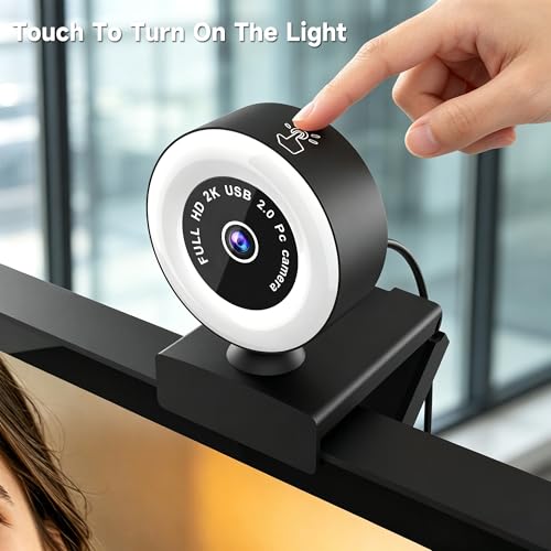USB HD 1080P Video Webcam，with Ring Ligh and Microphoneand Rotatable Tripod& Privacy Cover for PC，, Fast AutoFocus，with Auto White Balance for Video Calls, Live Streaming Gaming & Online Meetings