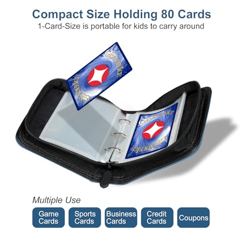 GEAoffice Mini Trading Card Binder 1 Pocket Holds 80 Cards, Zip Close, Blue | Super Lightweight, 40 Removable Acid-free & Non-PVC Sleeves, PU Leather, Card Collection Binder for TCG, MTG, Sports&Games - color: Blue-Dia