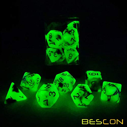 Bescon Two-Tone Glow-in-the-Dark Polyhedral Dice Set Spooky Rocks, Luminous RPG Dice Set d4 d6 d8 d10 d12 d20 d% Brick Box Pack - color: Multicolor