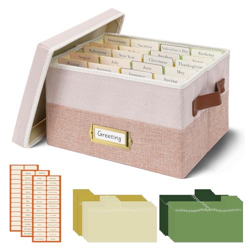 Vienrose Greeting Card Organizer Box with 20 Removable Dividers, 84 Labels, Large Capacity Foldable Storage Box for Photos, Postcards, Stickers & Keepsakes, Portable Linen Organizer, Pink&Lotus - color: Light Pink&Lotus